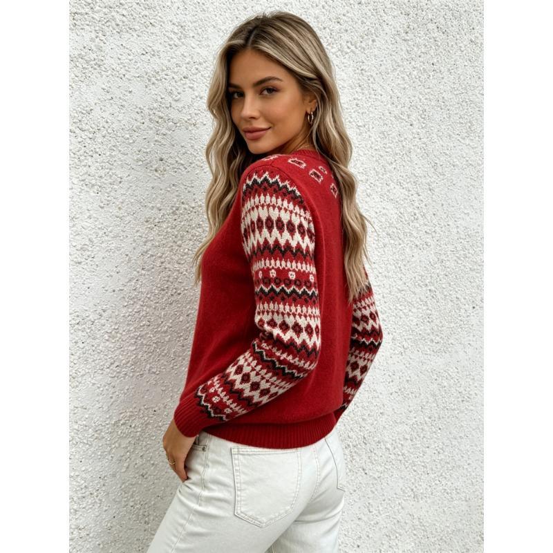 Women S Loose Fit Geometric Jacquard Crew Neck Long Sleeve Knit Sweater