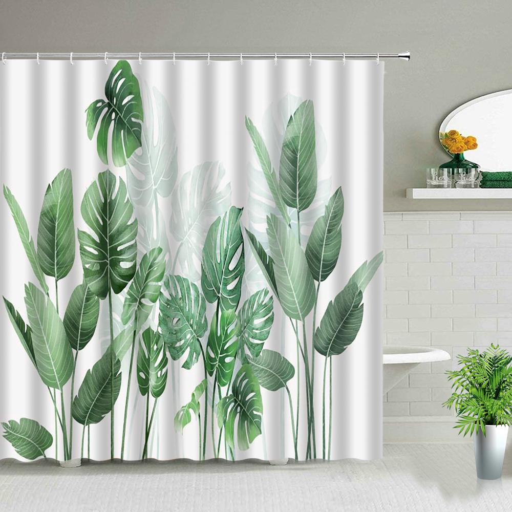 Green Leaves Shower Curtain Monstera Leaf Tropical Plant Spring Bathroom Curtain Bathtub Decor Waterproof Fabric with Hooks
