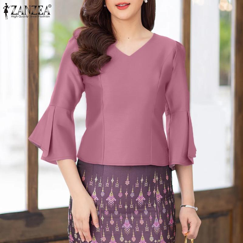 ZANZEA Women Elegant Casual V-Neck Flare Sleeve Summer Blouse