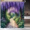 Frühlingsgarten Duschvorhang Glyzinie Grünes Blatt Rankenpflanze Lila Blüte Lavendel Floral Naturlandschaft Landhausstoff Badezimmer