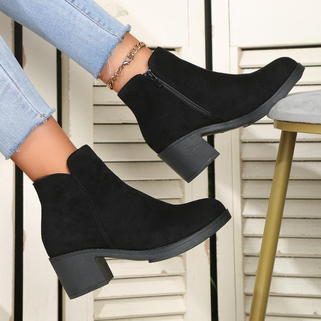 Fashion Fashion Med-Heel Women Short Boots Casual Thick Soled 2025 Spring Autumn Black Suede Ankle Boots Casual Botines Shoes for Women