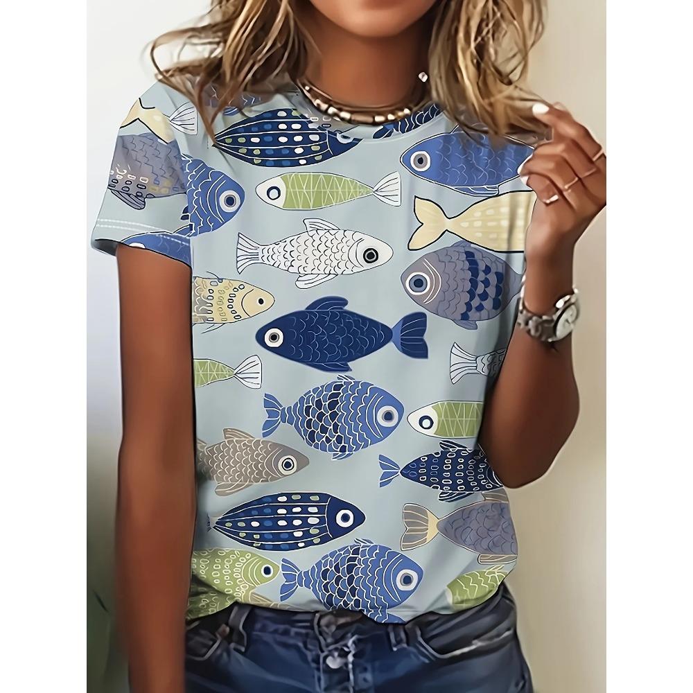 Women Summer Fashion Casual Short Sleeved Plus Size Cat Print T-shirt Casual Round Neck T-shirt Quick Drying and Breathable