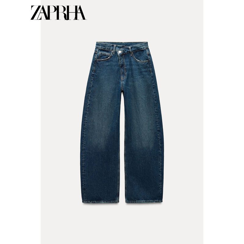 Zaprha 2025 New Arrival American Style Double Breasted Waist Mid Waist Relaxed Loose Wide Leg Denim Female 6688010