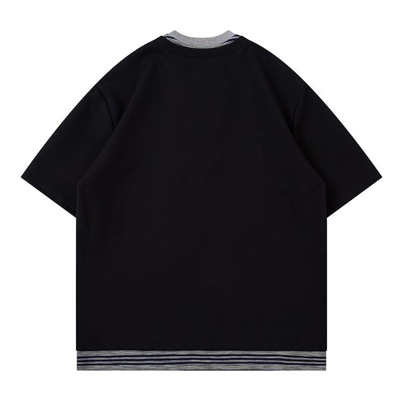 Men's Casual Short Sleeve Color Block Crew Neck T-Shirt with Embroidered Tie Design