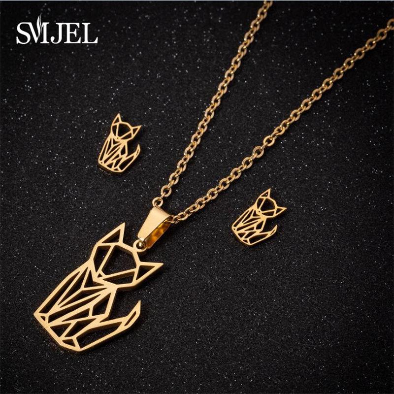 Lovely Gold Color Kitten Cat Stainless Steel Zircon Set Necklaces Men Collares Fashion Hollow Cat Earring Necklace Paw Zircon