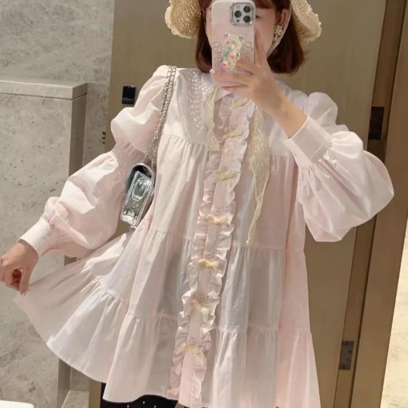 Women's Puff Sleeve Bowknot Shirt Jacket - New Gentle Sweet Blouse, Loose Mid-Length Top for Spring and Autumn 2025