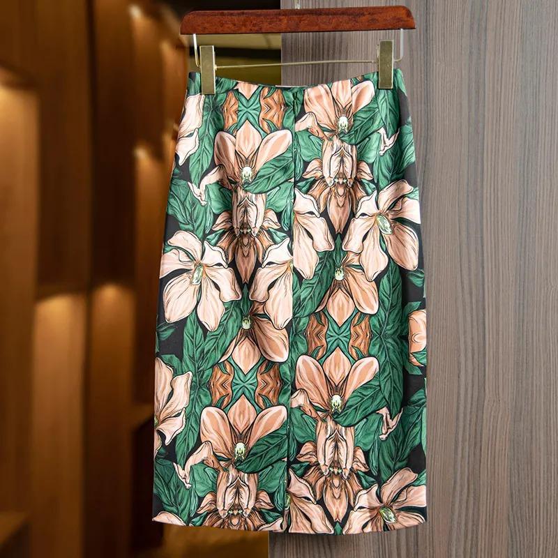 

Women s Floral Print Midi Skirt High Waist Slim Fit Elegant Office Pencil Skirt S зелений