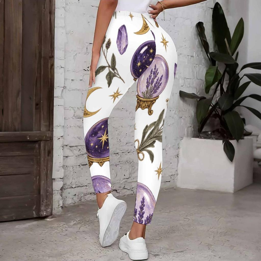 Women Plus Size High Waist Full Length Fitted White Printed Mushroom Floral Yoga Leggings