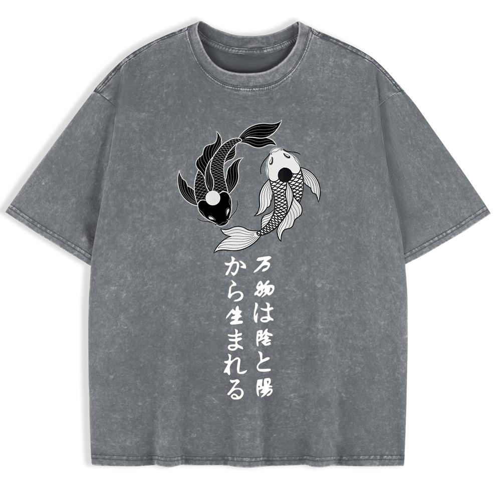 Japanische Koi Harajuku Bedruckte Gewaschene T-Shirts Herren Baumwolle Kurzarm Oberteile Lässig O-Ausschnitt Übergroßes T-Shirt Kleidung