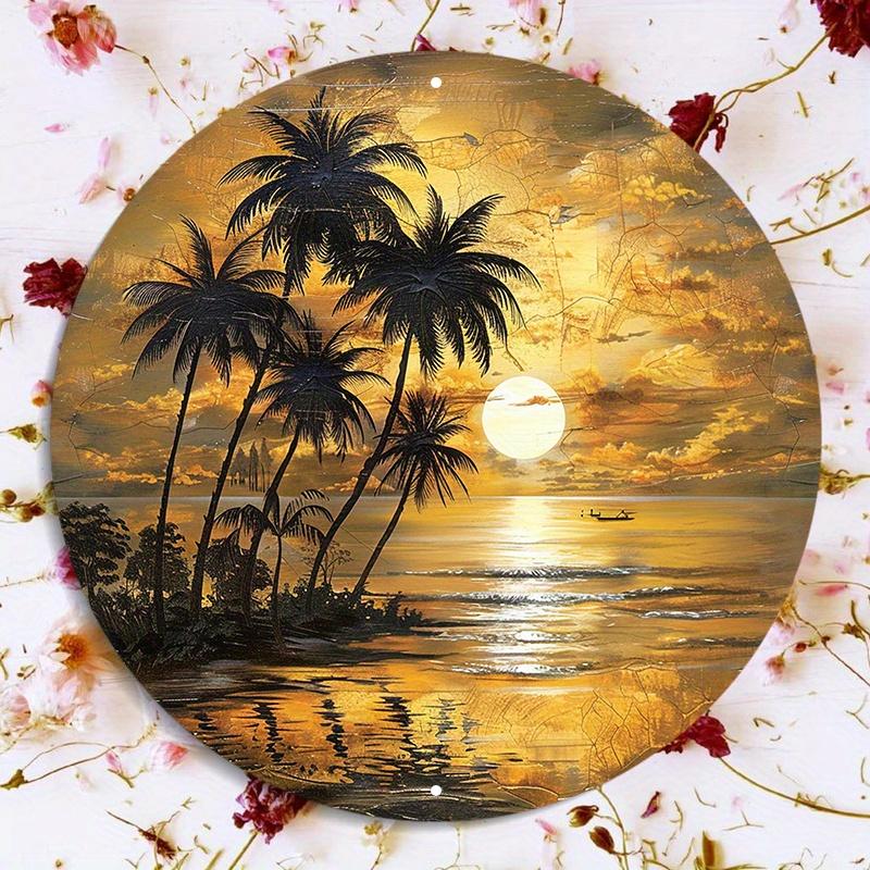Vintage Tropical Sunset Beach Round Metal Sign D Flat Printed Crackled Golden Palm Tree Art Tin Plaque Retro Nautical Coastal 20x20cm(8x8inch)