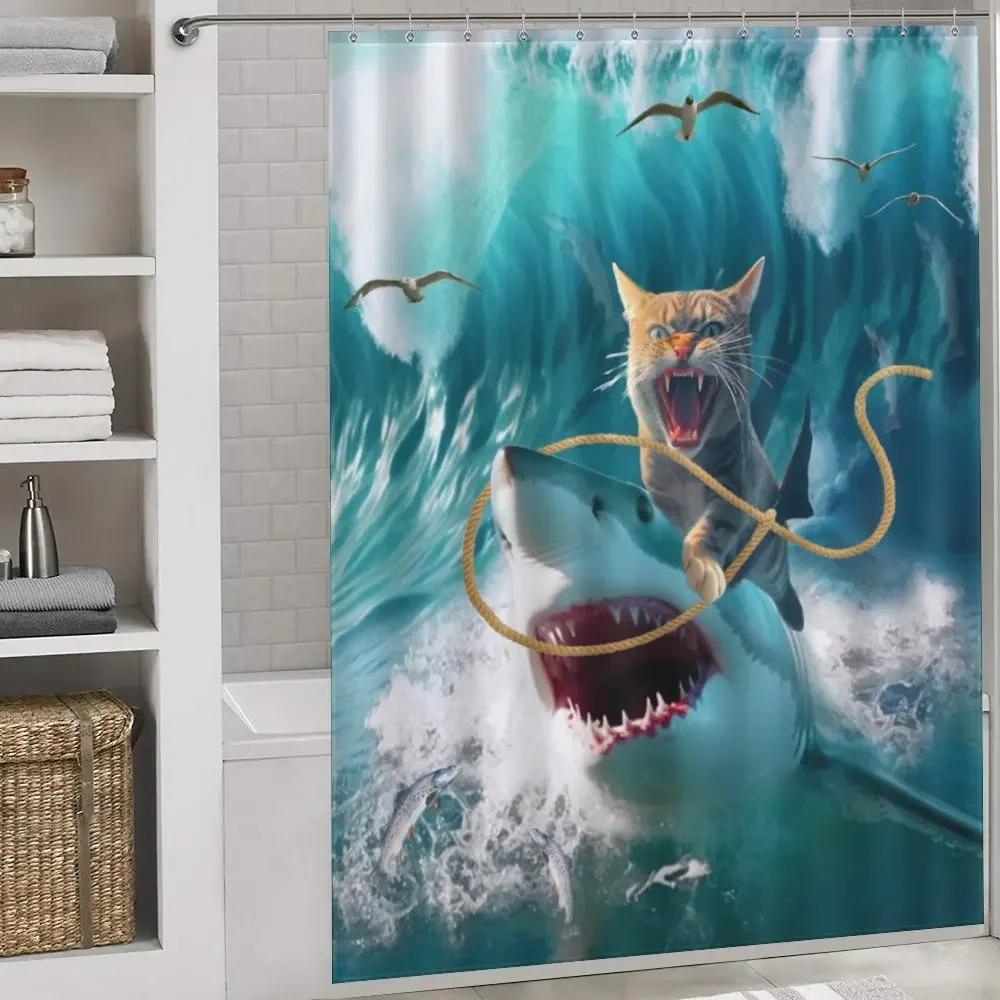 Cat and Shark Shower Curtain  Epic Ocean Wave Design Unique Waterproof Bathroom Decor Funny Animal Theme Blue Orange