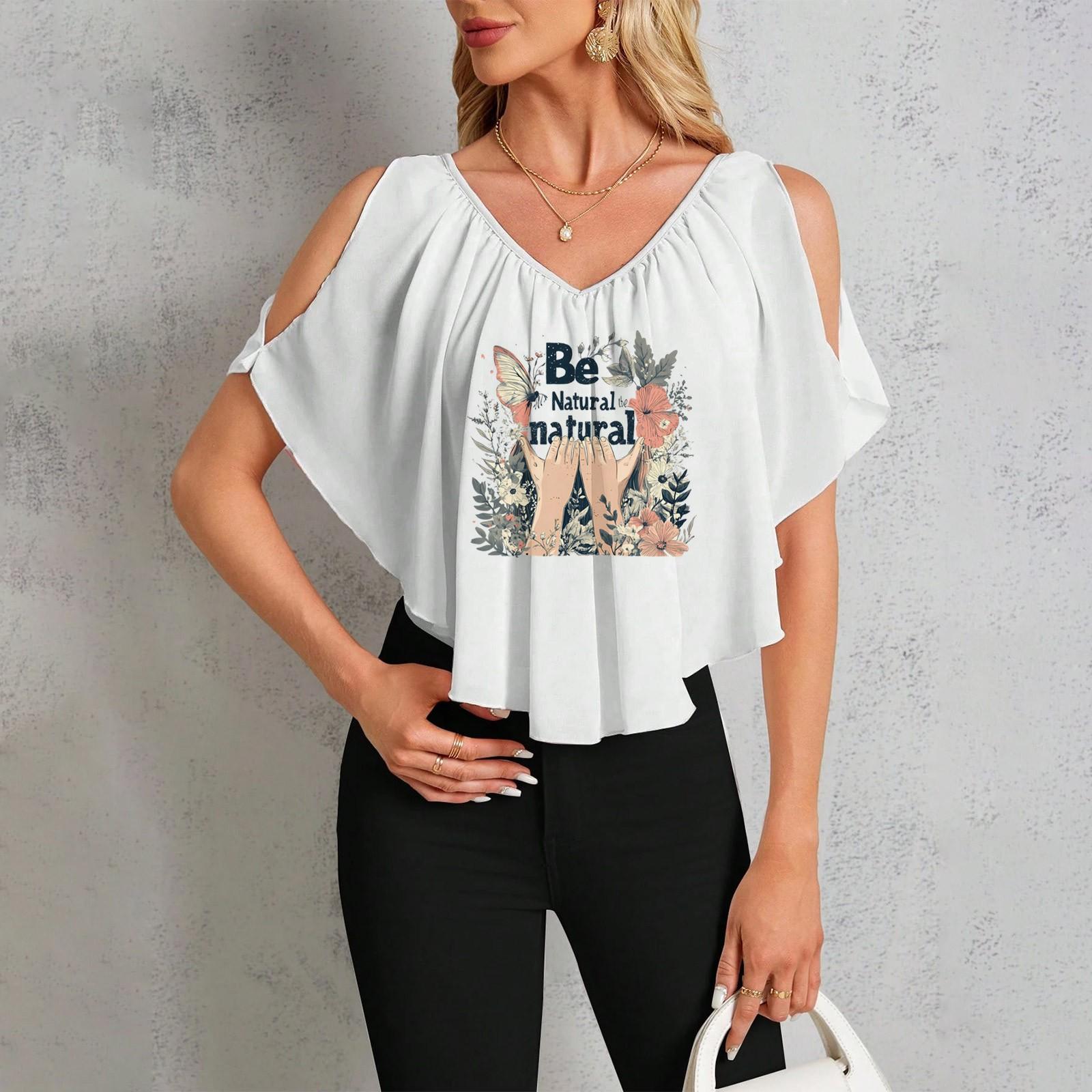 

Women s Casual V-Neck Off-Shoulder Hawaiian Print T-Shirt M