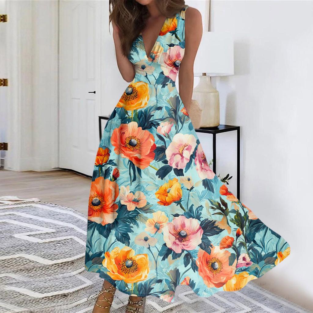 Women's Summer Fashion Retro Print V-Neck Sleeveless Long Dress