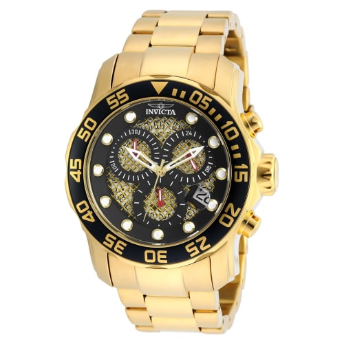Invicta Pro Diver Quartz Watch, 48.8mm Case, Gold Stainless Steel Strap, Black Dial, 19837, Men's