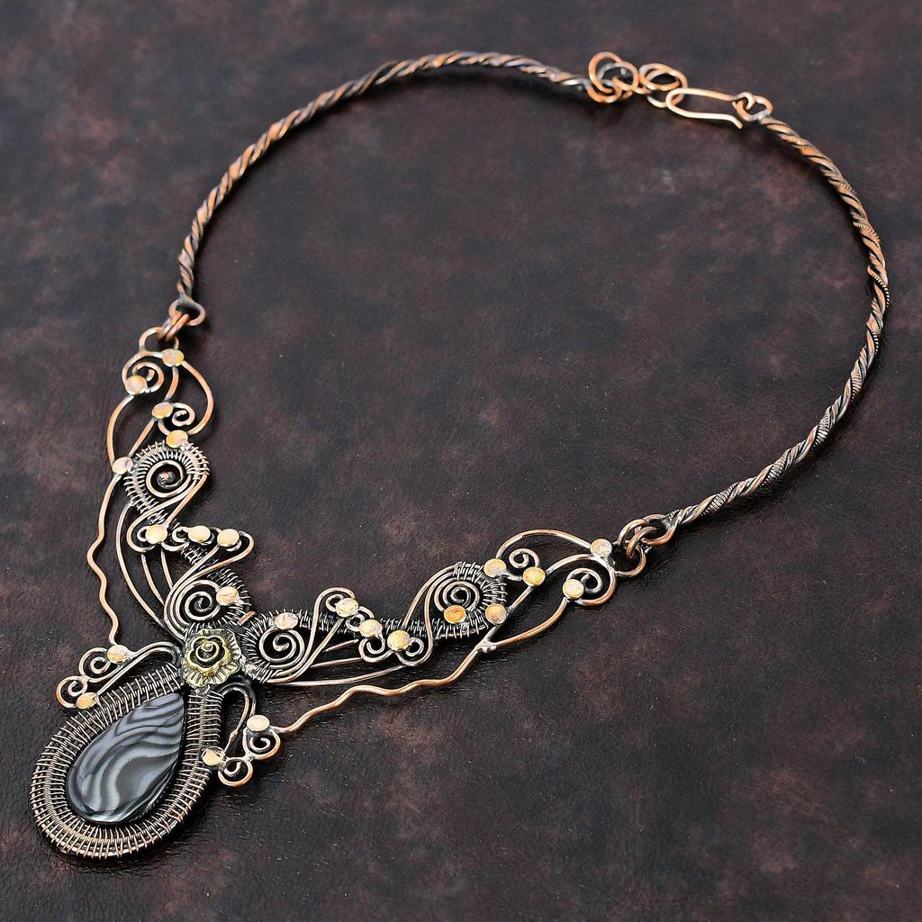 Collier Psilomélane Collier Enveloppé de Fil de Cuivre Collier Fait Main Collier Ajustable Cadeau Pour Elle Collier de Pierre Précieuse Bijoux en Cuivre Délicats