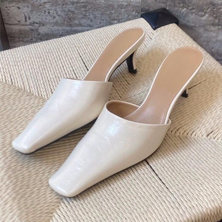 Cream French Square Head Half Slippers Women's Outwear 2025 Spring Muller Stilettos