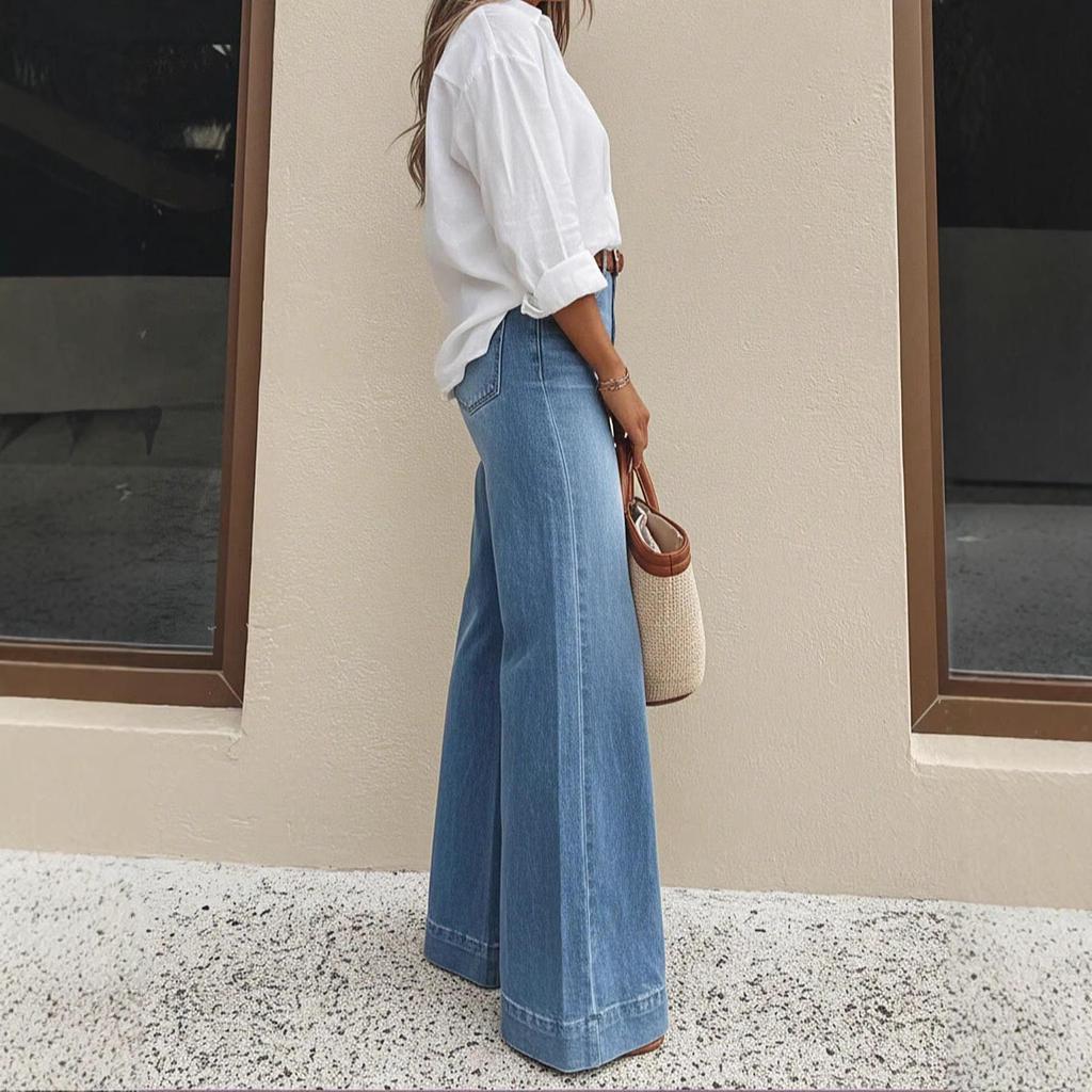 Spring and Summer New Style Vintage Washed Wide Leg Loose Skinny and Tall-Fitting Denim Pants for Women