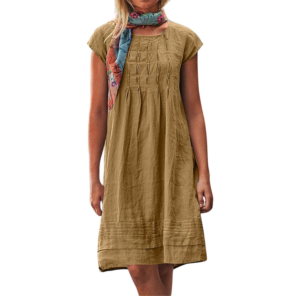 Women's Casual Loose O Neck Short Sleeve Wrinkles Elegant Linen Swing Dresses