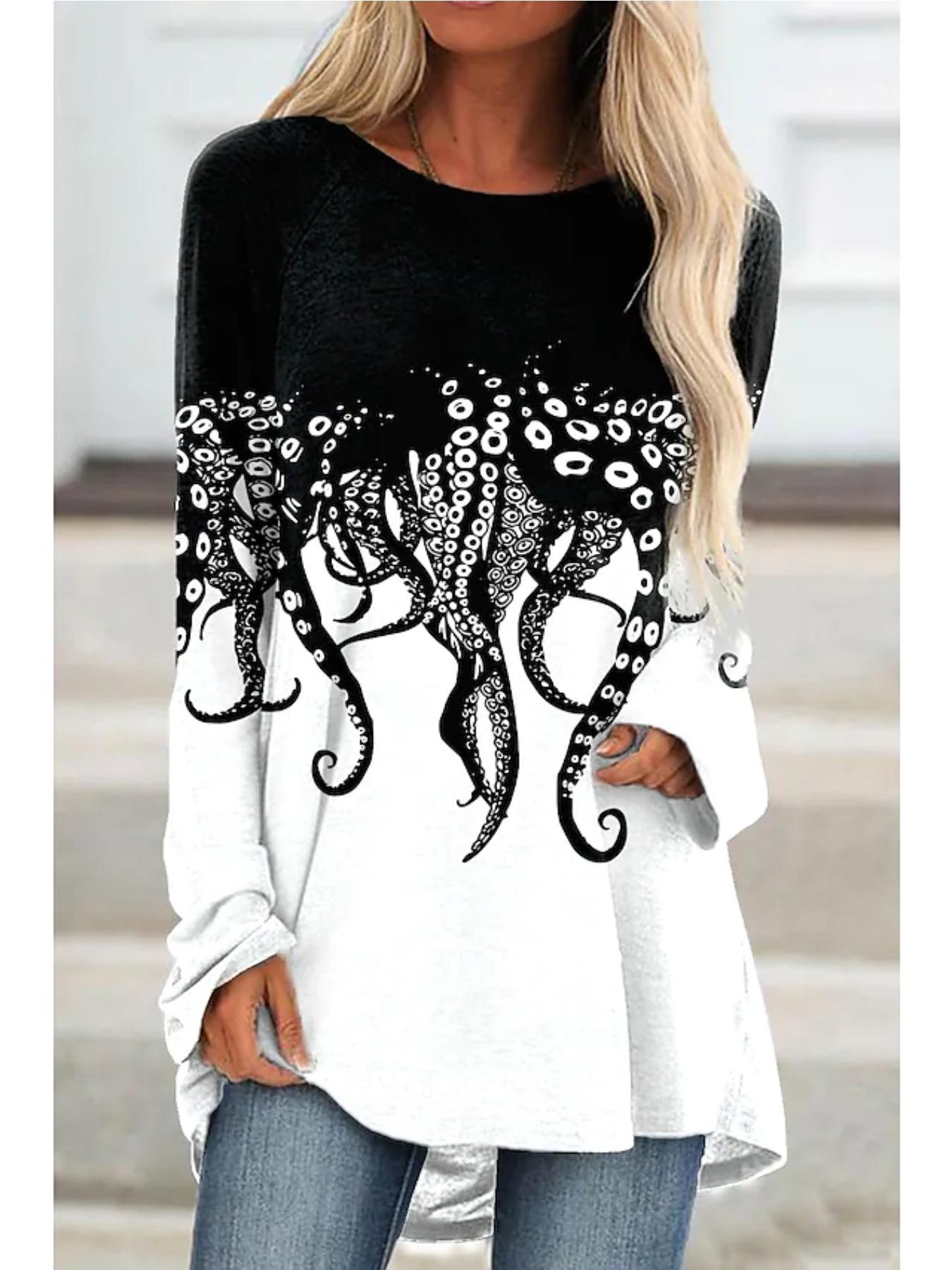 

Женская футболка больших размеров с принтом щупалец осьминога, удобная, с длинным рукавом и круглым вырезом, повседневная, свободного кроя, средней длины 8XL белый