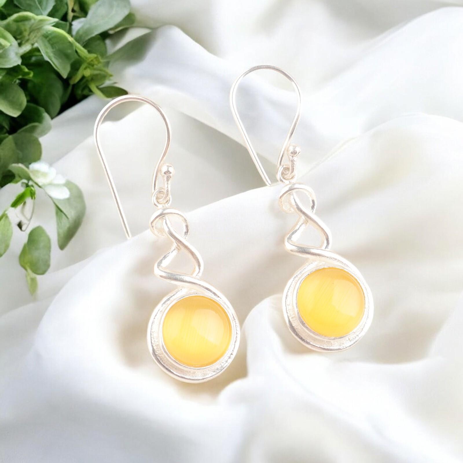 

925 Sterling Silver Natural Yellow Cat s Eye Earrings, Statement Earrings 1.67 CE-14-36