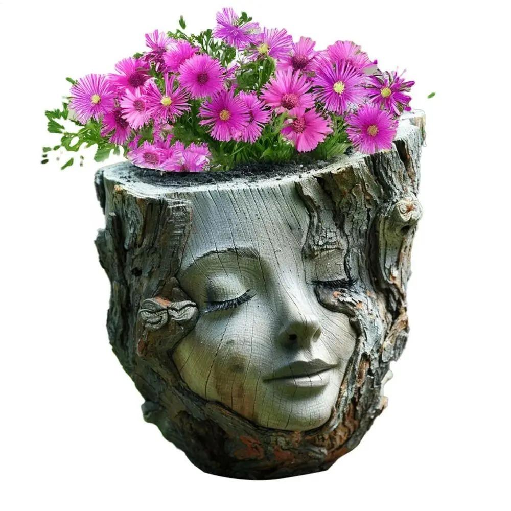 Handmade Tree Stump Girl Pot Resin Crafts Figure Planter  Garden Courtyard Balcony