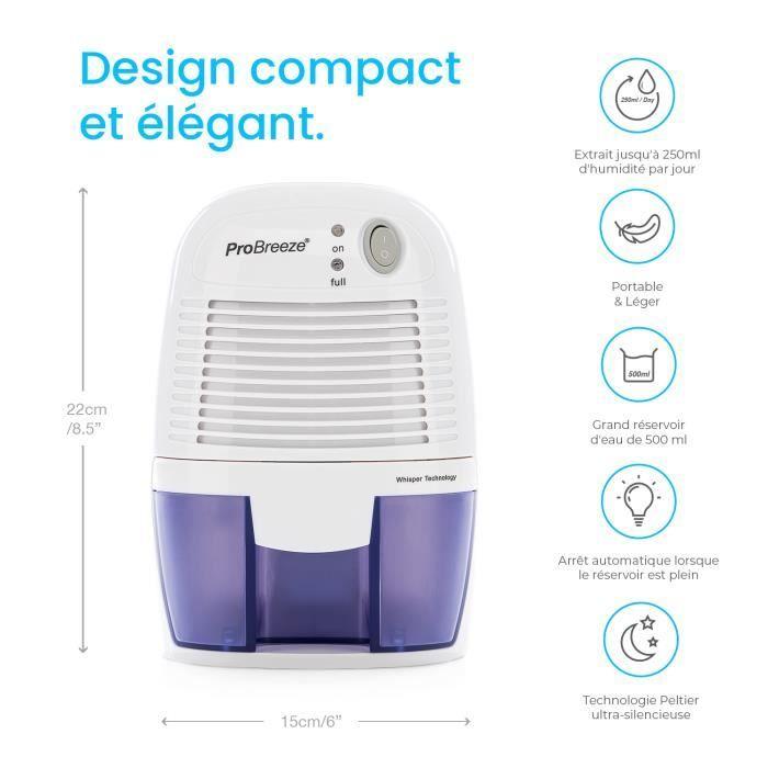 Mini déshumidificateur d'air Pro Breeze - Compact et économe en énergie - 500 ml
