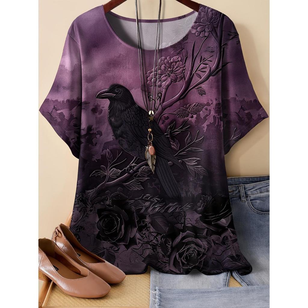 Summer Round Neck 3D Flower Pattern Print Top Fashionable Casual Short Sleeved Women's T-shirts