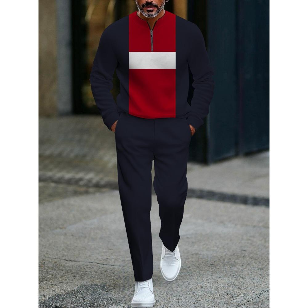 Spring Autumn 3D Printed Fashion Men's Long-Sleeved Sets Half-Zipper Stand-Up Collar Men's Casual Sportswear Two-Piece Set