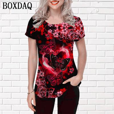 Modisches Damen-T-Shirt mit Schmetterlingsmuster, Kurzarm, 3D-Druck, Street-Look, Farbverlauf, klassisches Rundhals-Freizeit-Top