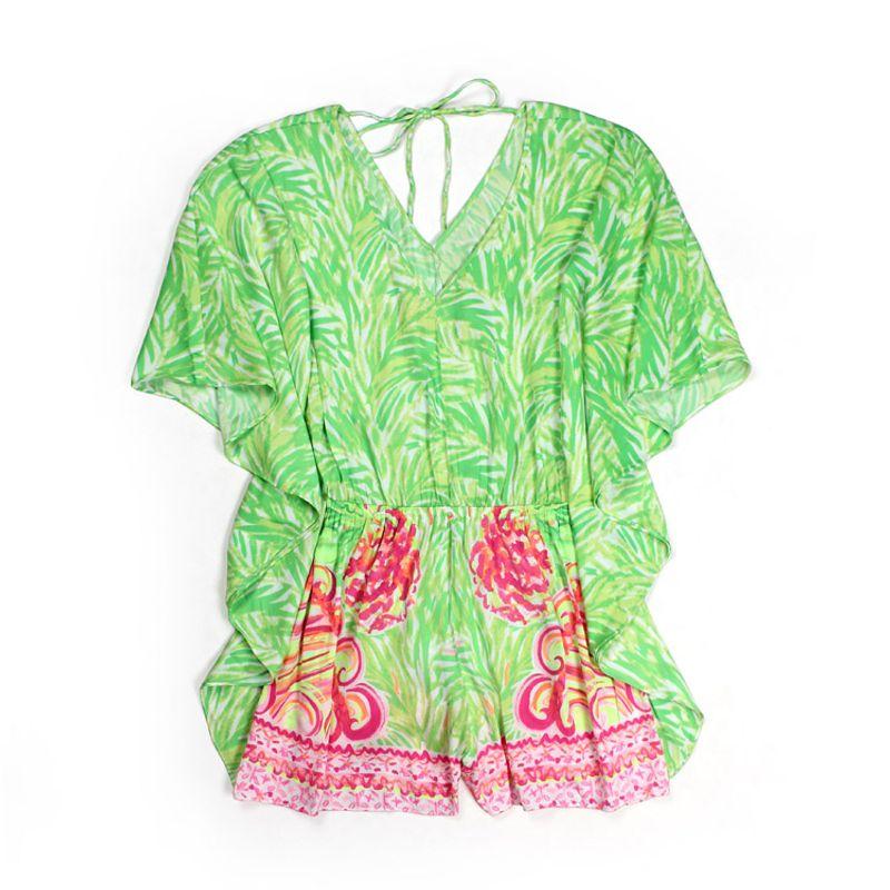 

Small Size Pure Original Female Lilly Jumpsuits Beach Vacation V Neck Tassel Shoelace Jumpsuit Short Romper Green (upper body all Green) XXS