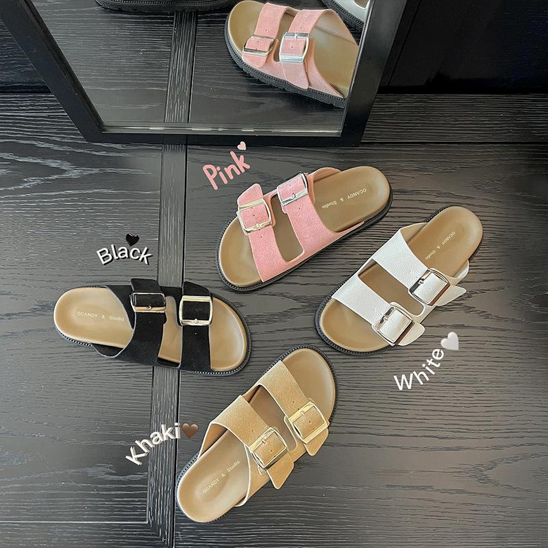 Wersja klasyczna~ Kapcie domowe buty zewnętrzne retro klapki z podwójną klamrą letnie wszechstronne klapki z miękką podeszwą chłodzące buty zewnętrzne damskie