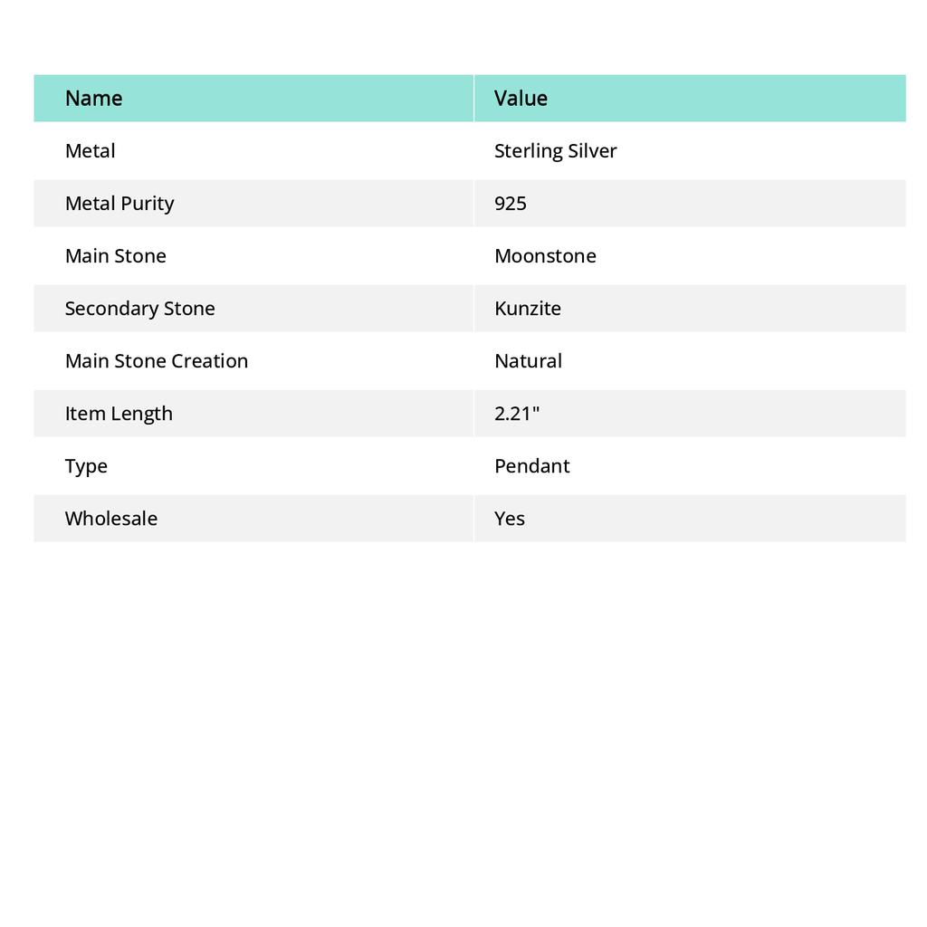 Natural Moonstone, Kunzite 925 Sterling Silver Jewelry Pendant 2.21" h1Z63