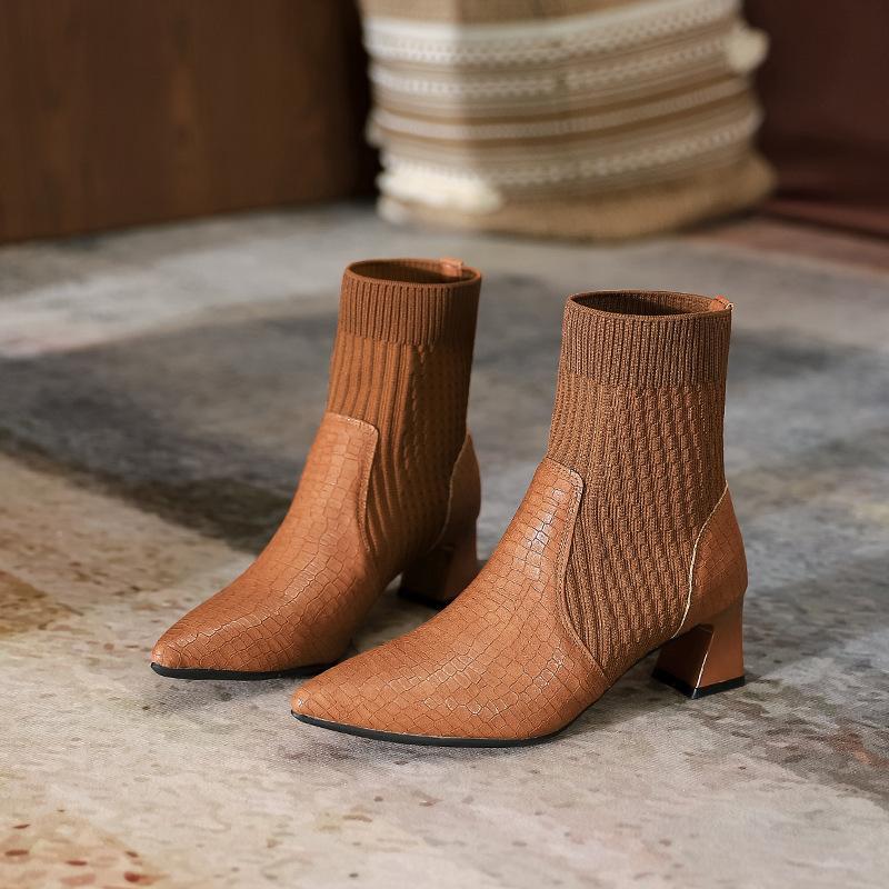 

Женские короткие ботинки, весенние новые модели, вязаные ботинки Мартин, толстый каблук, высокий каблук, остроносые ботинки Челси, тренд 40 коричневый