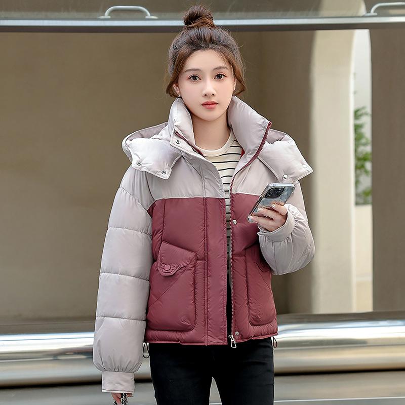 Winter New Fashionable Versatile Splicing Contrasting Colors Short Hooded Warm Cotton Clothes Women's Coat
