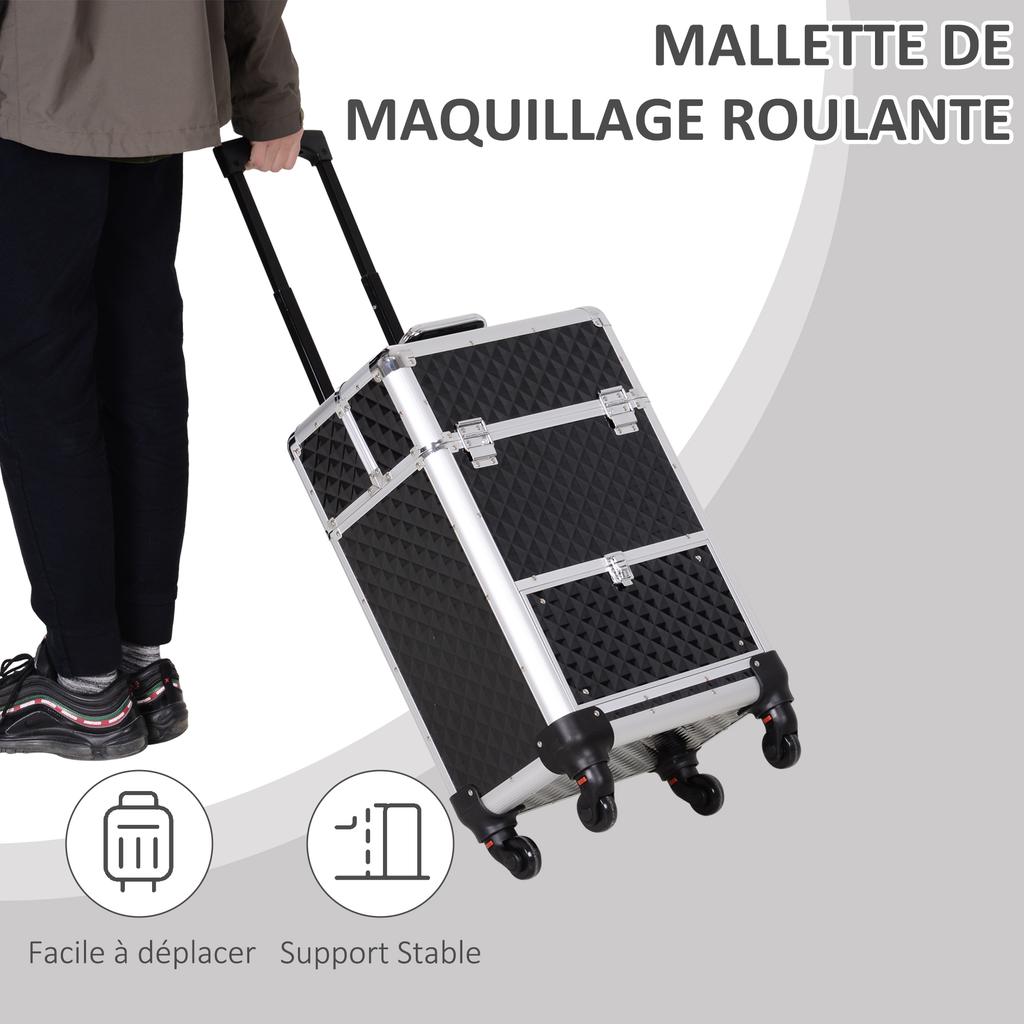 Makeup Trolley Suitcase Cosmetic Vanity Case With Adjustable Telescopic Handle 34L X 25W X 62H Cm Aluminum Black