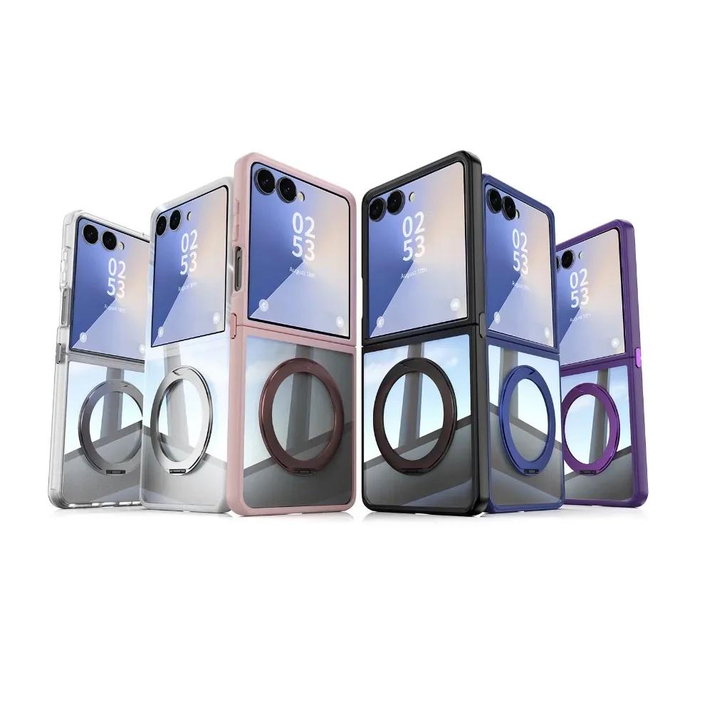 360° Ring Holder Phone Case for Samsung Galaxy Z Flip 7 FE 6 5 Flip7 Flip6 Flip5 5G Kickstand TPU+PC Clear Magnetic Cover