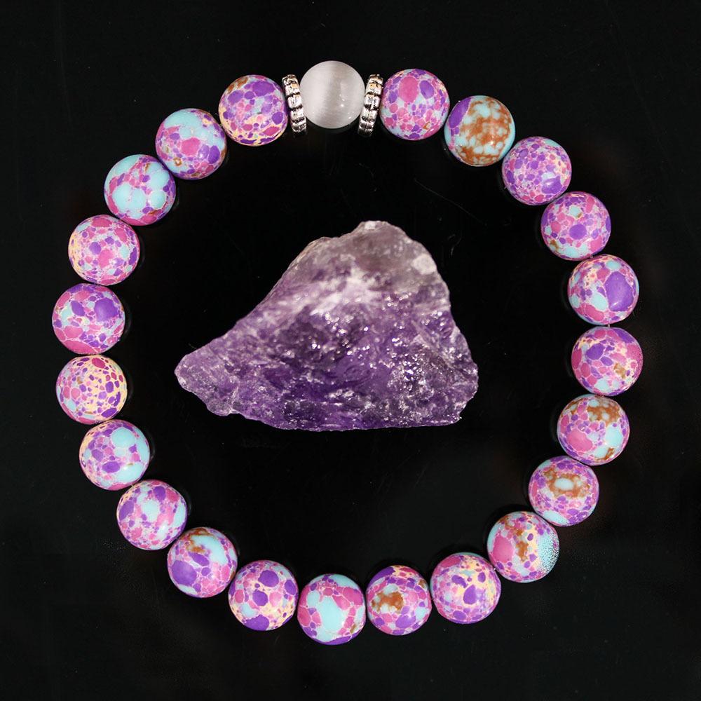 8mm Natural Stone Bracelet, White Cat's Eye Stone Imitation Purple Emperor Turquoise Bead Bracelet, Anti-anxiety