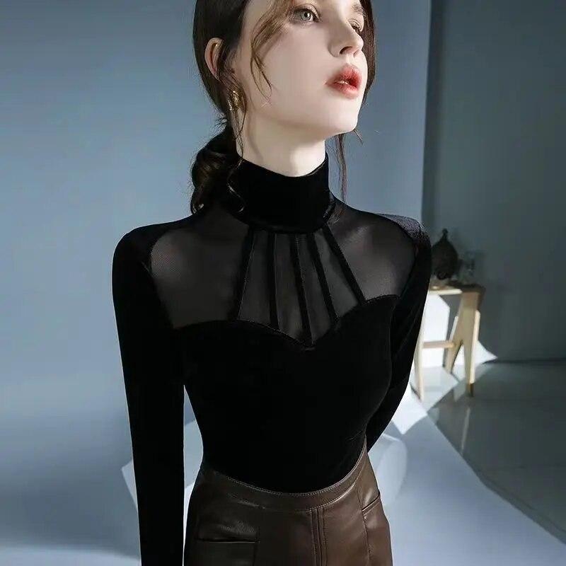 Sammetsnät Patchwork Svart T-shirt Långärmad bottentröja för kvinnor Ny höst Vinter Polokragetröjor Topp S-6XL