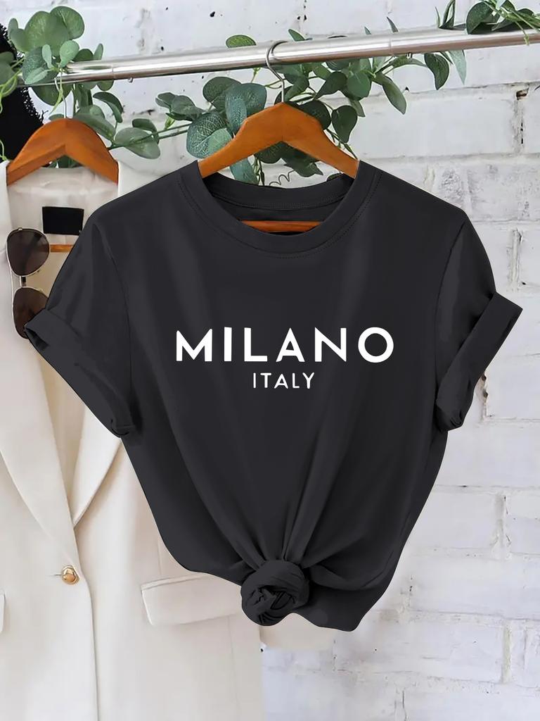 Women's Milano Italy Graphic T-Shirt - Vibrant Short Sleeve Crew Neck Casual Top, with Geometric Letter Print