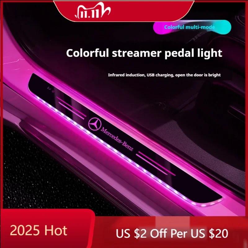 Hrmfq5 Car Sticker For Mercedes Benz Car LED Wireless Welcome Pedal Light Door Sill Light For Mercedes-Benz AMG A C E V Class GLA Sprin