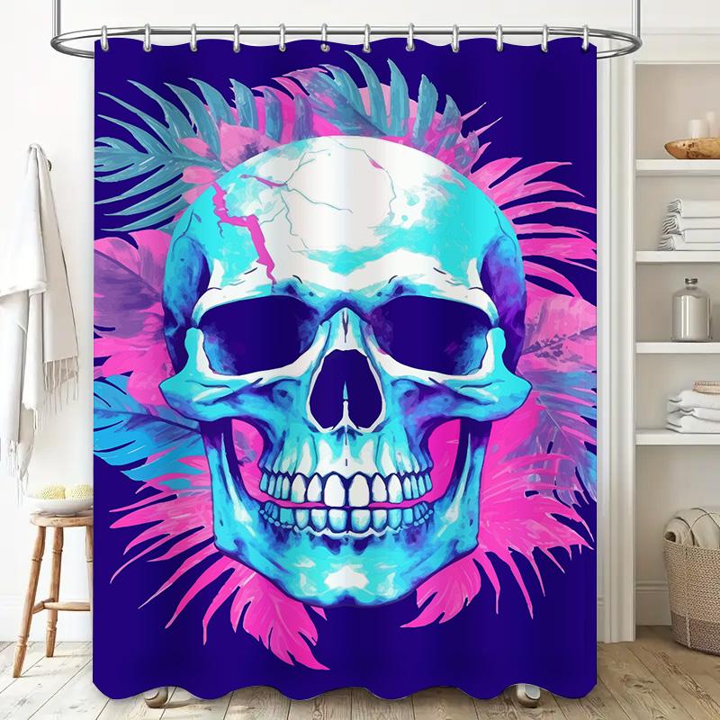 Artistic Skull Shower Curtain Neon Blue Pink Decor For Bathroom, Easy Hanging Shower Panels Modern Home Accents Decoration