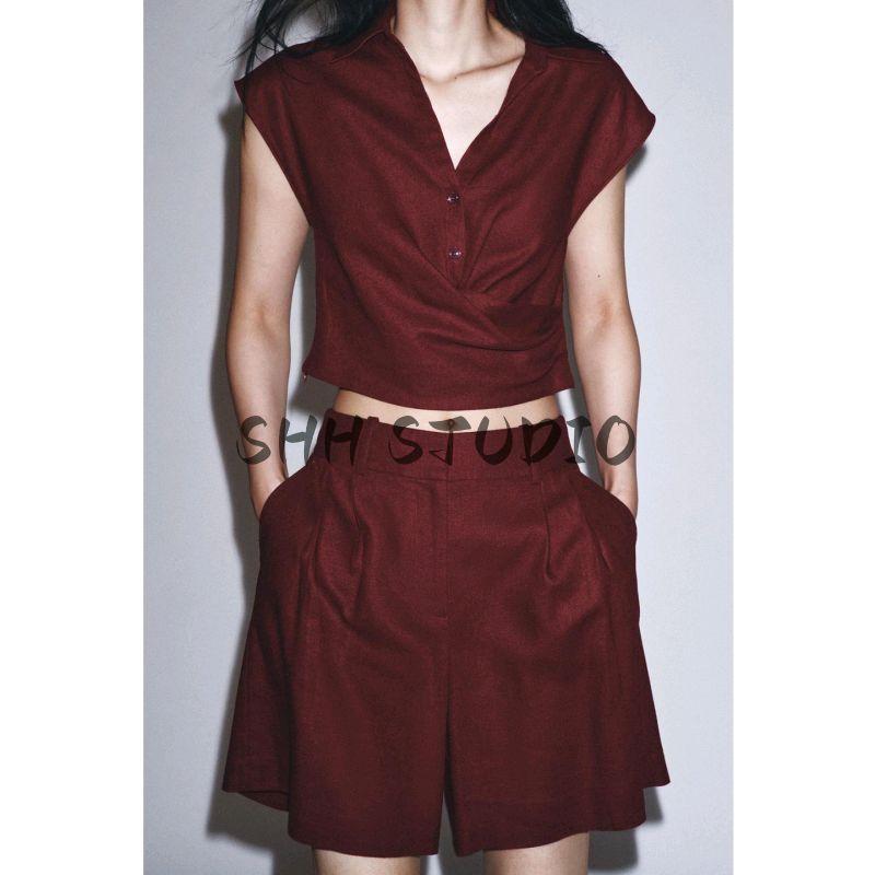 New Fall Women's Clothing Double Breasted Tops 8026709 Linen Blend Pleated Casual Shorts 8249709