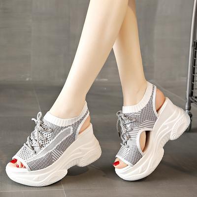 Woman Summer Sneakers Hollow Out Sandals Lace Up Fabric Sandal Outdoor Female Shoes Slope Heel Fish Mouth Women's Shoes Zapatos