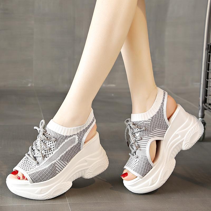 Womens Hollow Out Sport Sandals Fabric Lace Up Footwear Front Vulcanized Shoes For Women Thick Platform Wedge Sandals