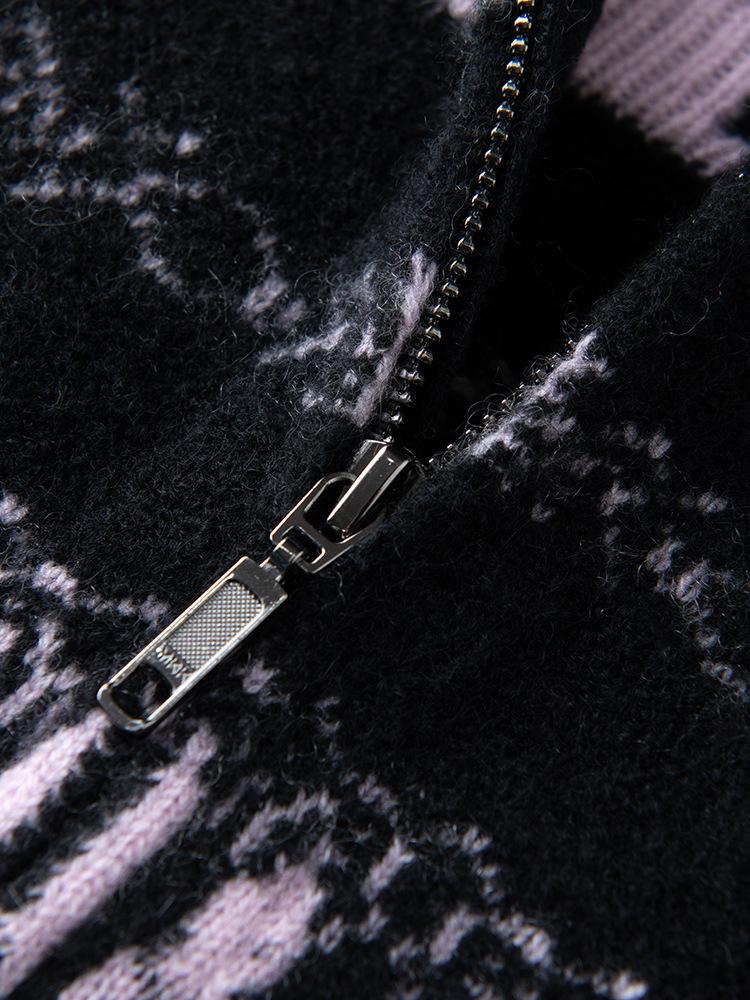 Women's Color Block Cashmere Sweater: Autumn/Winter Jacquard Loop Yarn Half-High Collar Zipper Cardigan