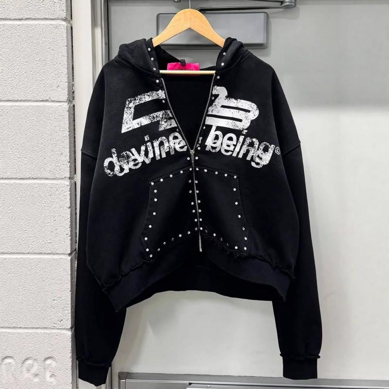 2026 Vintage Y2K Zip Hoodie Teens Loose Fit Letter Print Casual Streetwear