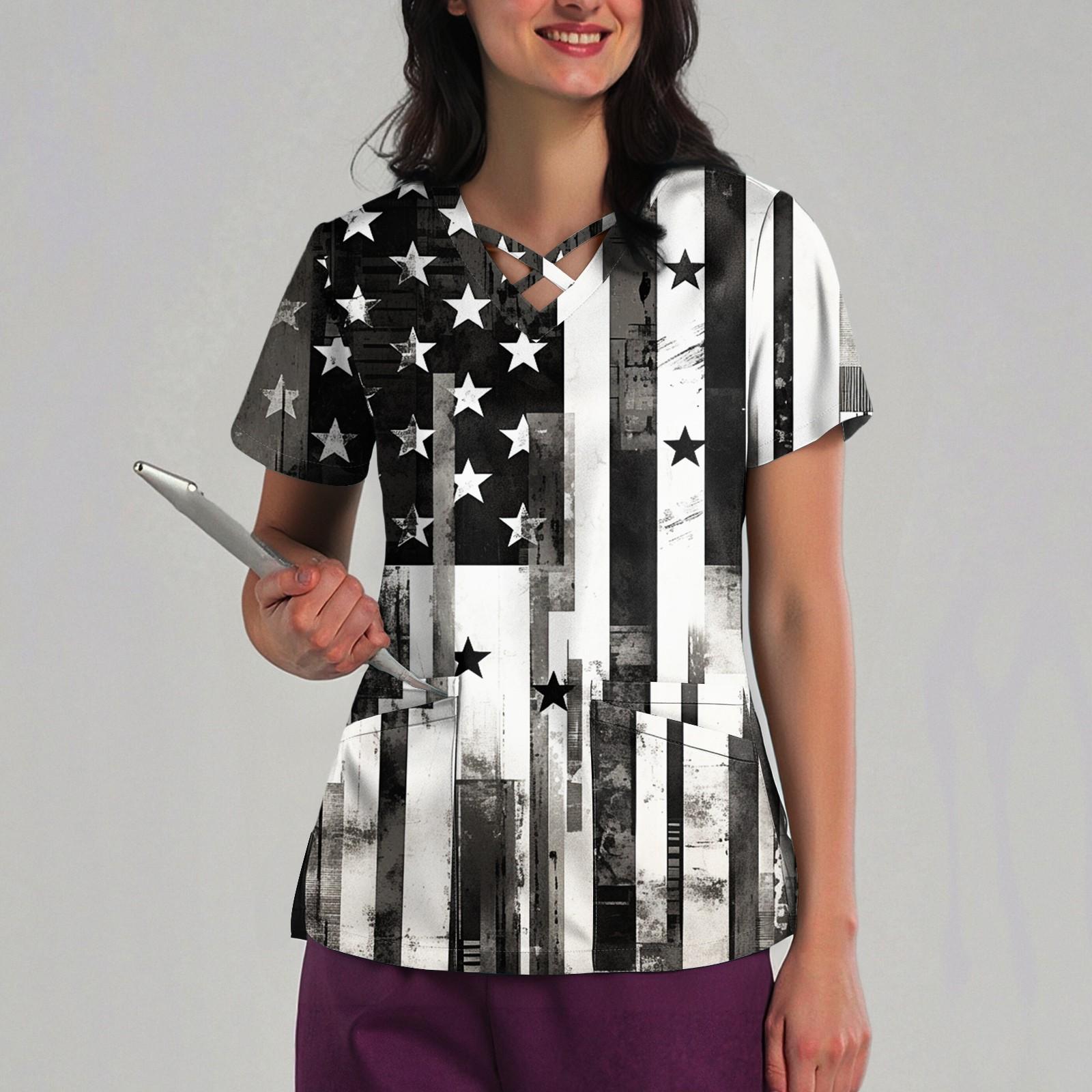 Women s Loose Independence Day Printed Top Short Sleeve T-shirt Pullover L чёрный