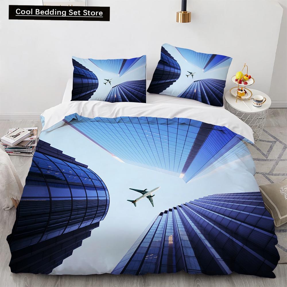 3D Airplane King Queen Duvet Cover Pink Airliner Bedding Set for Adults Sky Sea Natural Landscape 2/3pcs Polyester Quilt Cover