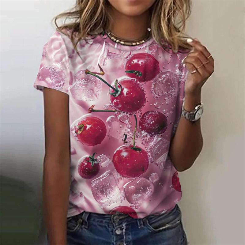 Women's Summer Fruit Pattern T-shirt with 3D Strawberry and Watermelon Print, Short-sleeve, Loose-fitting, Round-neck Top for Summer