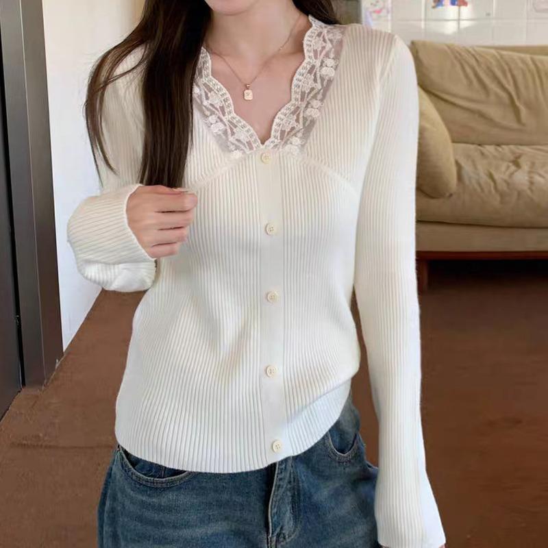 Herbst Winter V-Ausschnitt Langarm Strick Damen Pullover Top Lässig Einfach Spitze Büro Unterziehshirts Damen Süß Basic Slim Fit Knöpfe Pullover